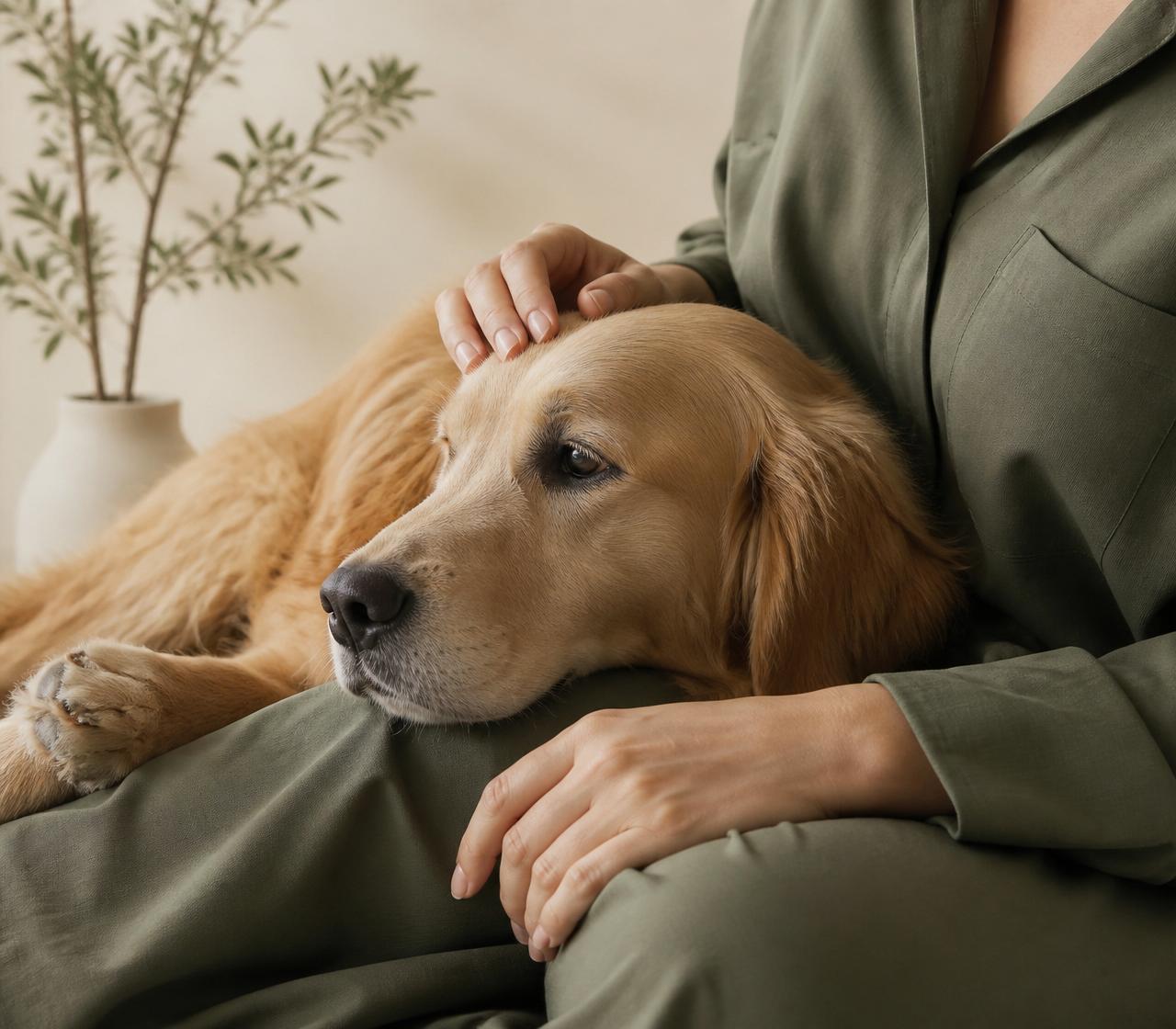 Tutor acariciando seu cachorro em um ambiente tranquilo